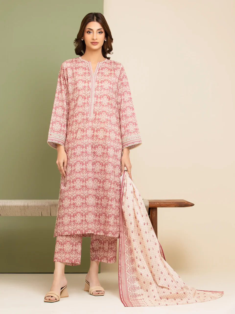 Unstitched Maroon Printed Lawn 3 Piece