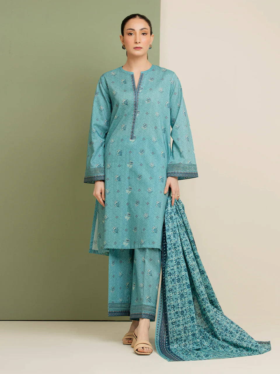 Unstitched Teal Printed Lawn 3 Piece