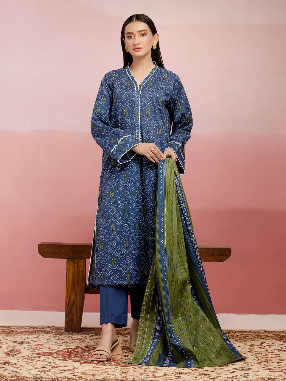 Unstitched Blue Printed Lawn 3 Piece