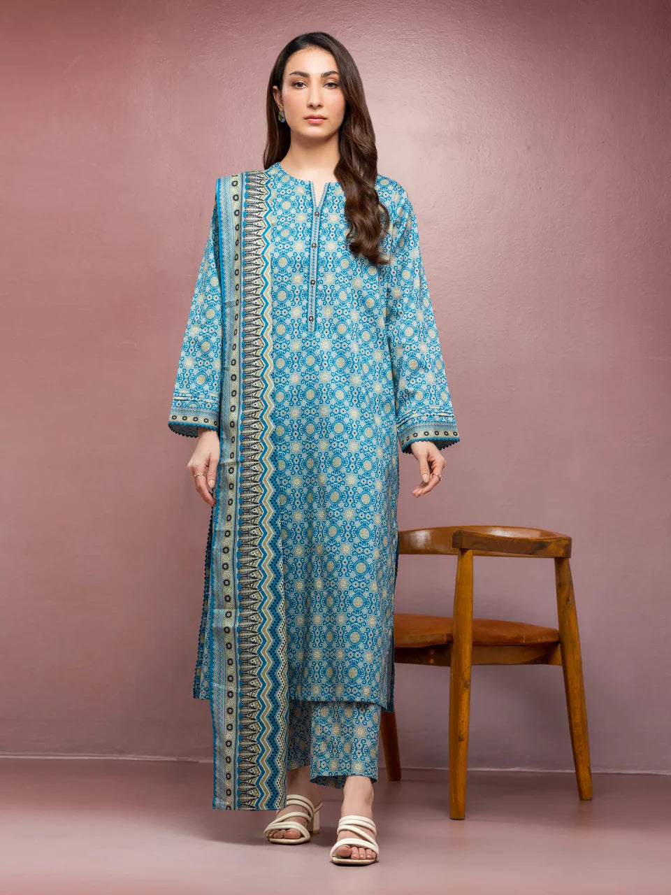 Unstitched Blue Printed Lawn 3 Piece