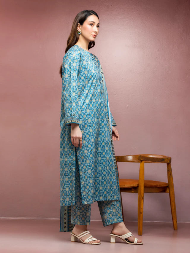 Unstitched Blue Printed Lawn 3 Piece