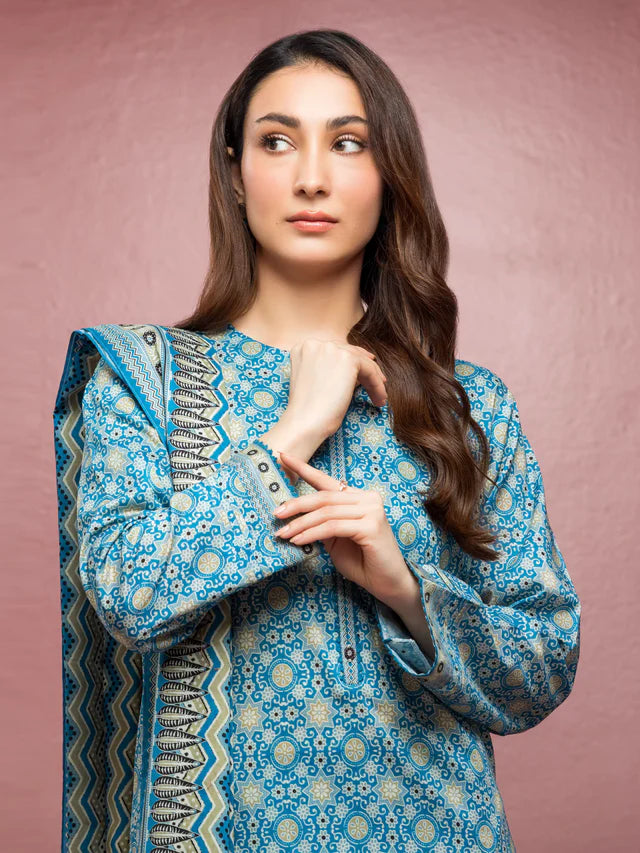 Unstitched Blue Printed Lawn 3 Piece