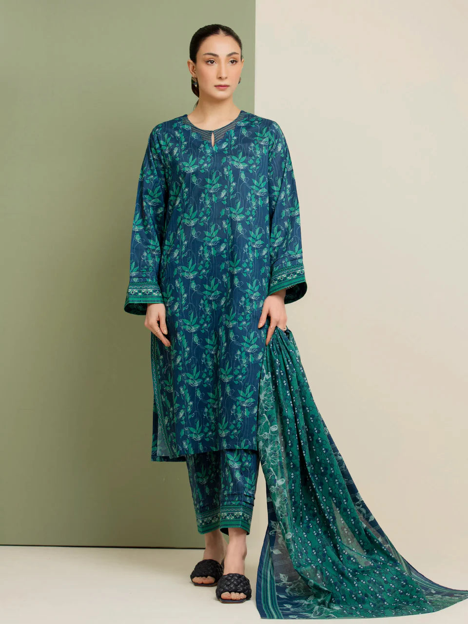 Unstitched Blue Printed Lawn 3 Piece