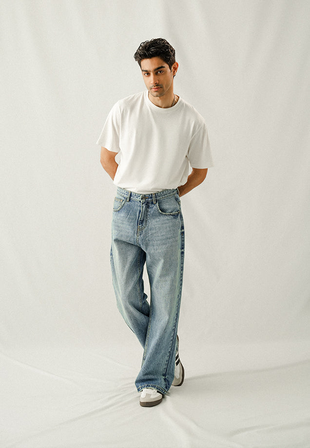 Straight Fit Wide Legs Jeans - Mid Blue Wash