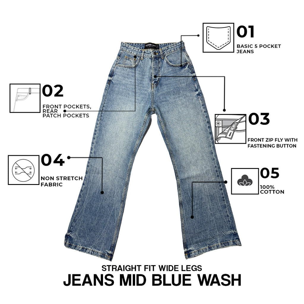 Straight Fit Wide Legs Jeans - Mid Blue Wash